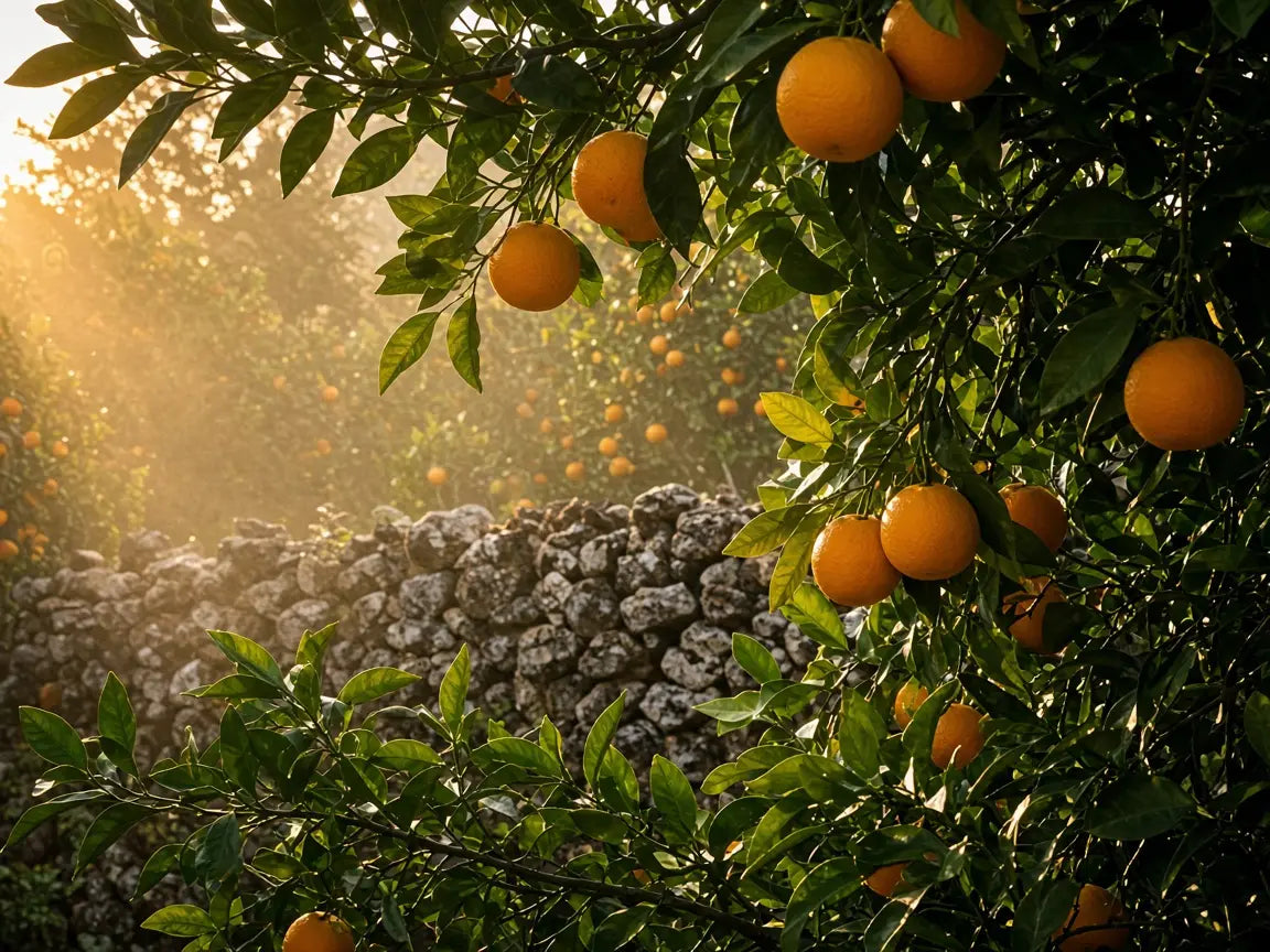 Orange trees in golden light behind a dry-stone wall in Sóller